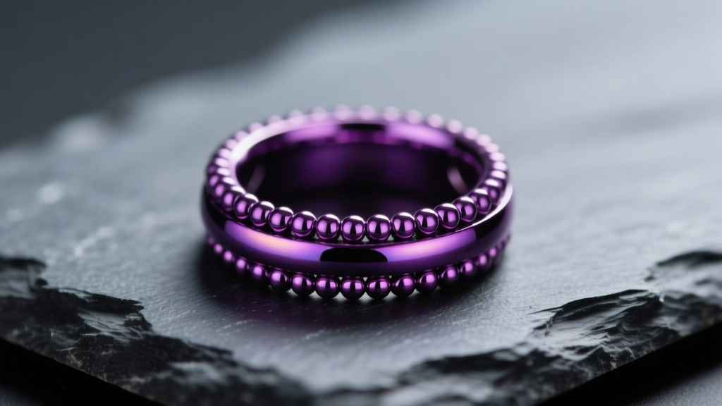 Macro photography of a vibrant purple anodized titanium captive bead ring resting on dark slate under soft studio lighting.