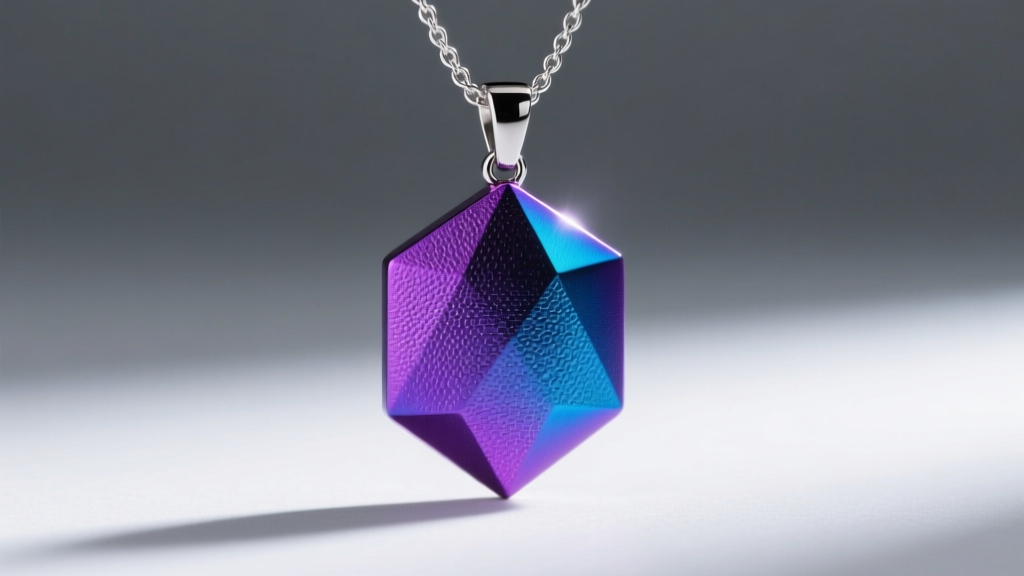 Vibrant purple and blue anodized titanium pendant on a chain, showing surface texture under bright macro studio lighting.