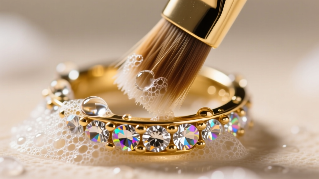 Macro shot of a soft brush gently scrubbing the underside of an 18k gold pave ring, showing soap suds and water droplets.