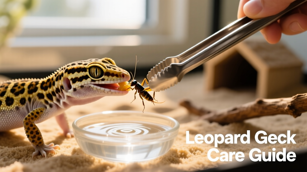 Close-up of a leopard gecko eating a cricket from feeding tongs, with clean water dish visible nearby