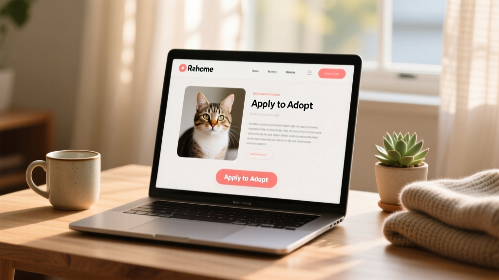 Laptop screen showing a Rehome profile page with photos, bio, and 'Apply to Adopt' button