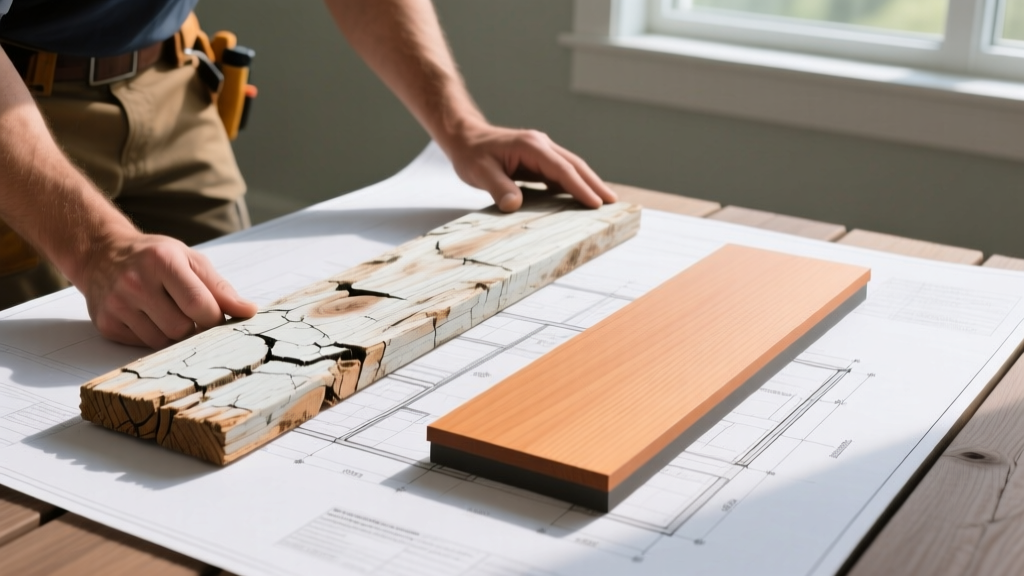 Contractor comparing weathered pressure-treated pine board next to pristine capped composite decking material sample on a blueprint.