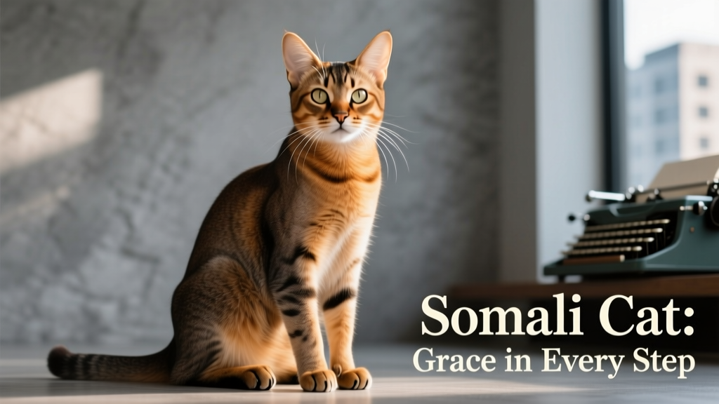 Somali cat sitting against grey background