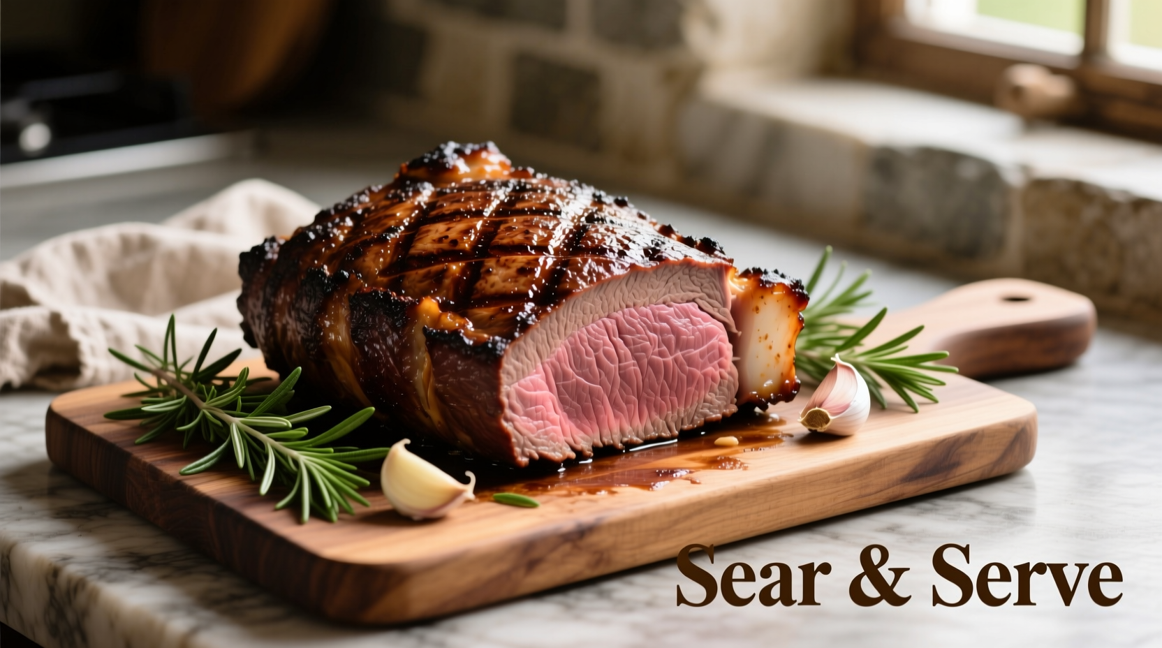 Perfectly seared venison roast with rosemary and garlic