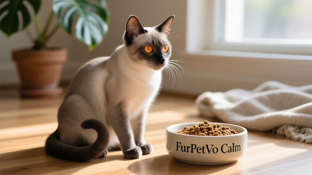 Bowl of FurPetVo Calm dry cat food next to a serene, content cat sitting beside it