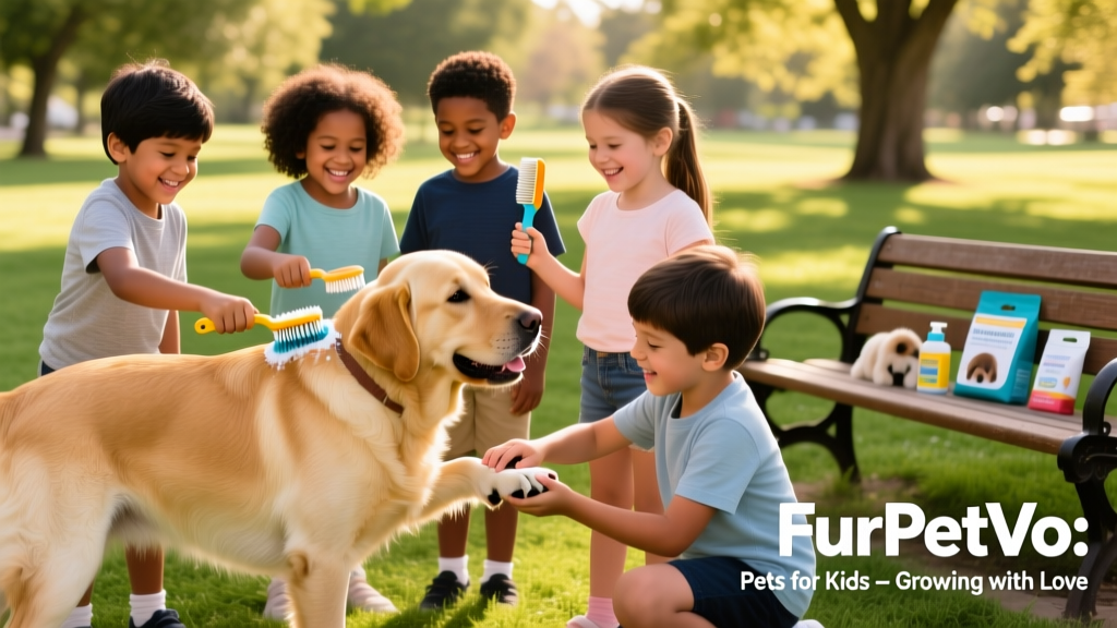 A diverse group of children — ages 6 to 12 — taking turns brushing a gentle, golden-colored dog during a supervised FurPetVo community event
