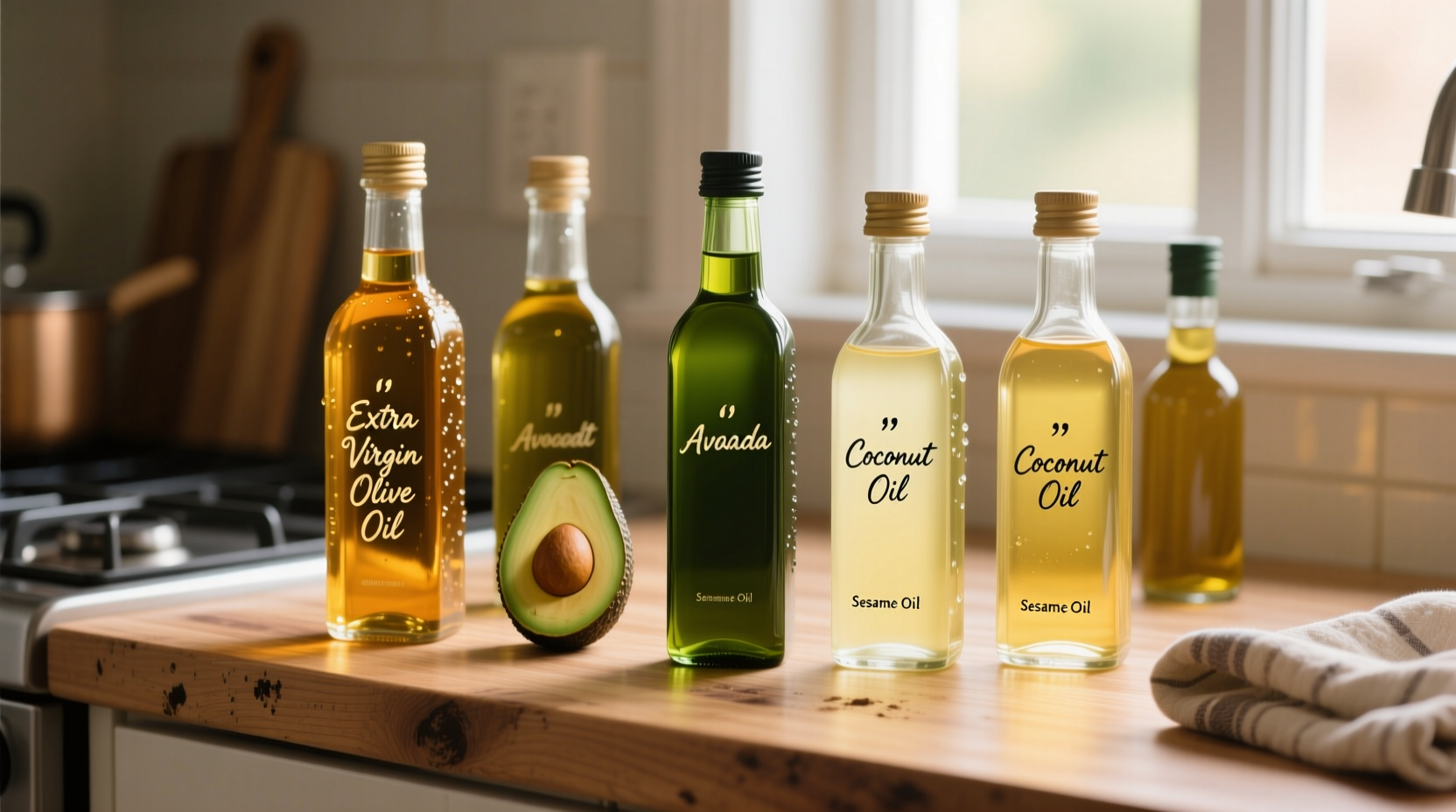 Kitchen counter with various cooking oils in glass bottles