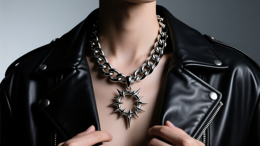 Thick rhodium-plated silver cuban link necklace with a gothic thorn pendant on a dark leather jacket in moody studio lighting