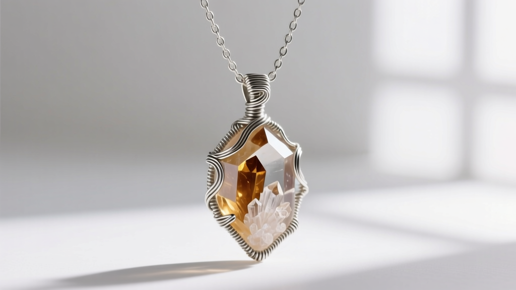 Finished wire-wrapped raw quartz pendant hanging from an 18-inch sterling silver chain, illuminated by soft natural window light