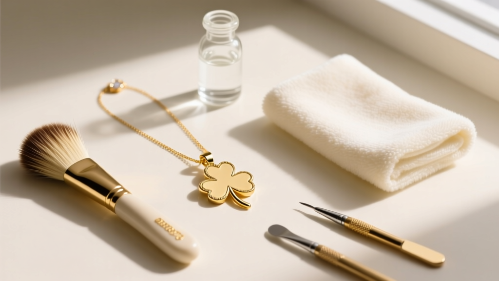 Flat lay of jewelry care tools including a horsehair brush, microfiber cloth, and distilled water next to a gold clover pendant.