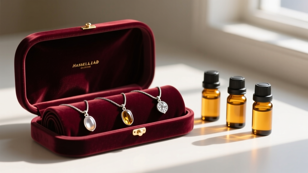 Velvet travel roll holding three aroma oil necklaces and small glass amber essential oil bottles resting in soft natural sunlight.