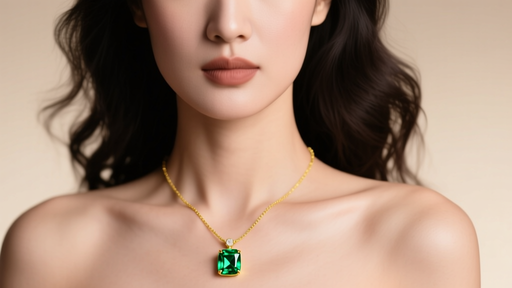 Close-up of a woman wearing a 14k yellow gold necklace with a brilliant-cut Tsavorite garnet pendant, soft studio lighting.