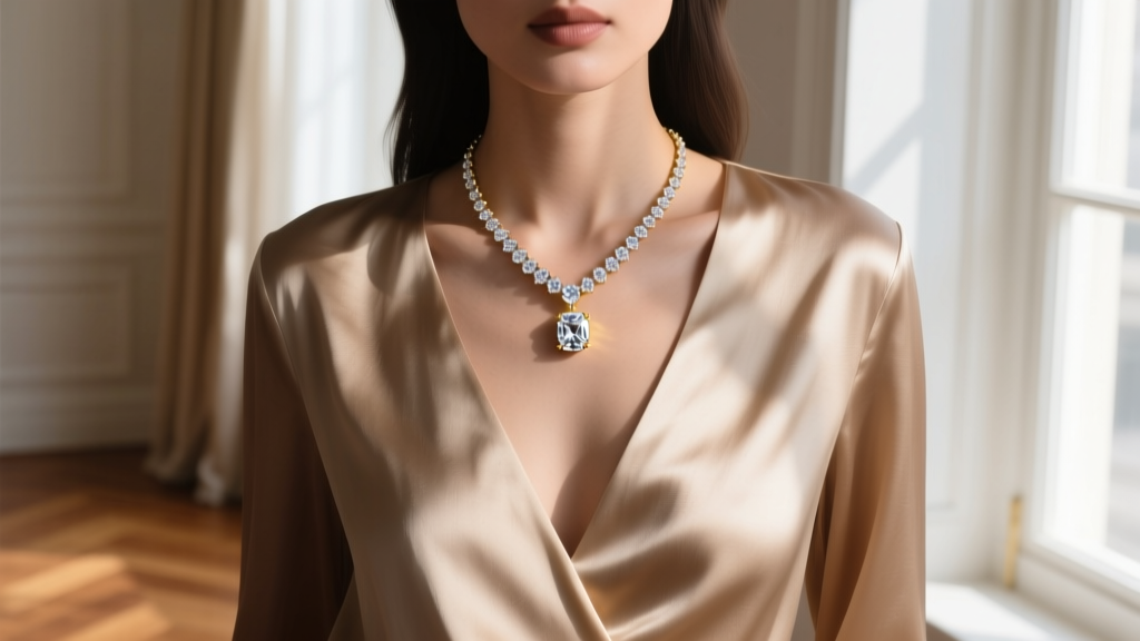 Model wearing a moissanite tennis necklace and delicate gold pendant over a deep V-neck silk blouse in soft natural window light