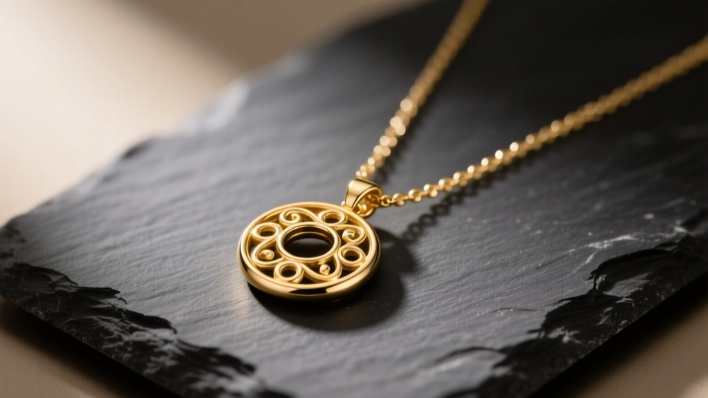 Gold Lingling O necklace on dark slate, showing the circular pendant and delicate chain under soft warm studio lighting