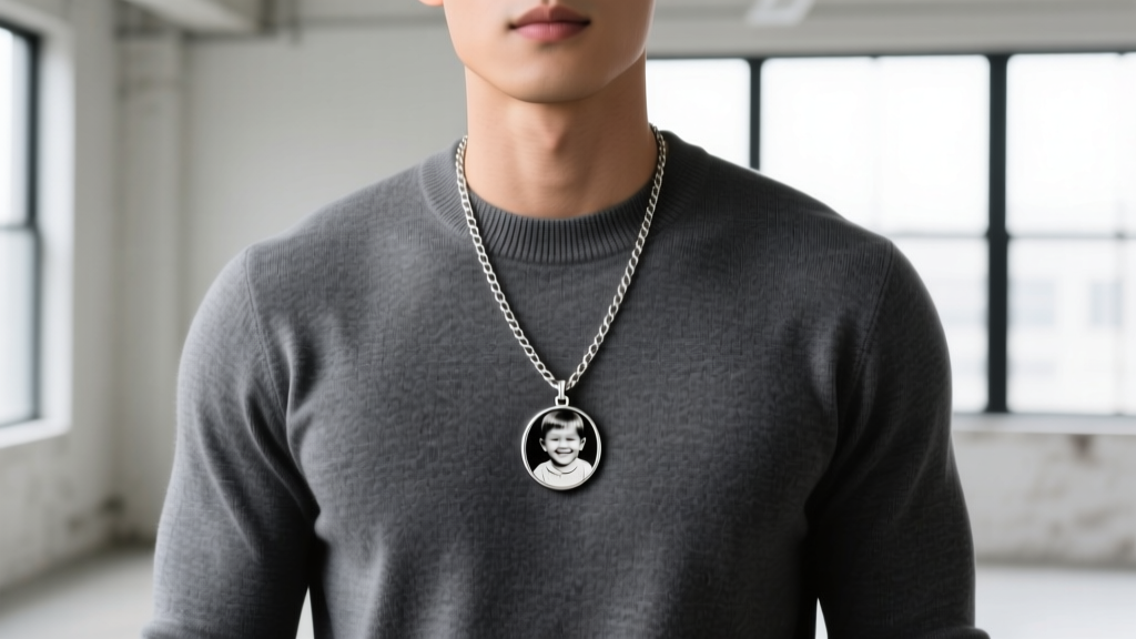 Athletic man wearing a silver box chain with a custom photo medallion resting perfectly over a charcoal grey crewneck sweater