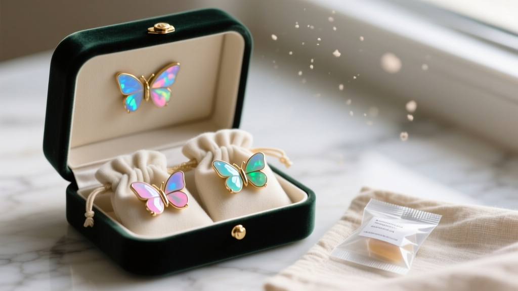 Velvet jewelry box with opal butterfly earrings stored in soft pouches next to a small humidity-control silica gel packet