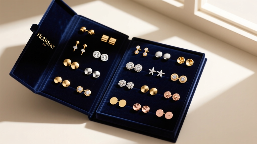 Overhead flat lay of an open holiday jewelry calendar revealing 24 pairs of mixed-metal stud earrings on dark velvet, warm light
