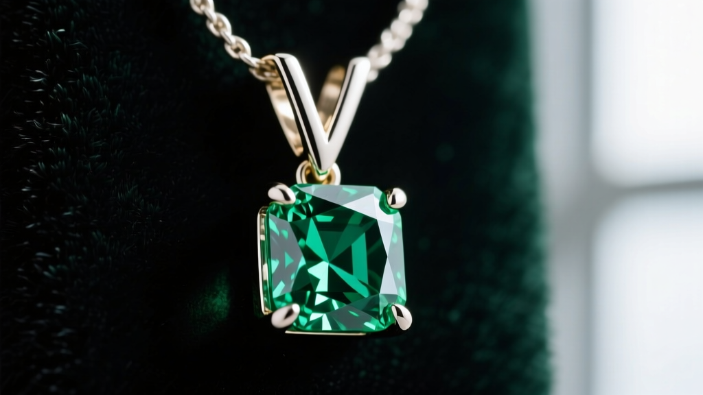 Macro photography of a 2-carat emerald cut gemstone set in an 18k white gold pendant with V-prong detailing against dark velvet
