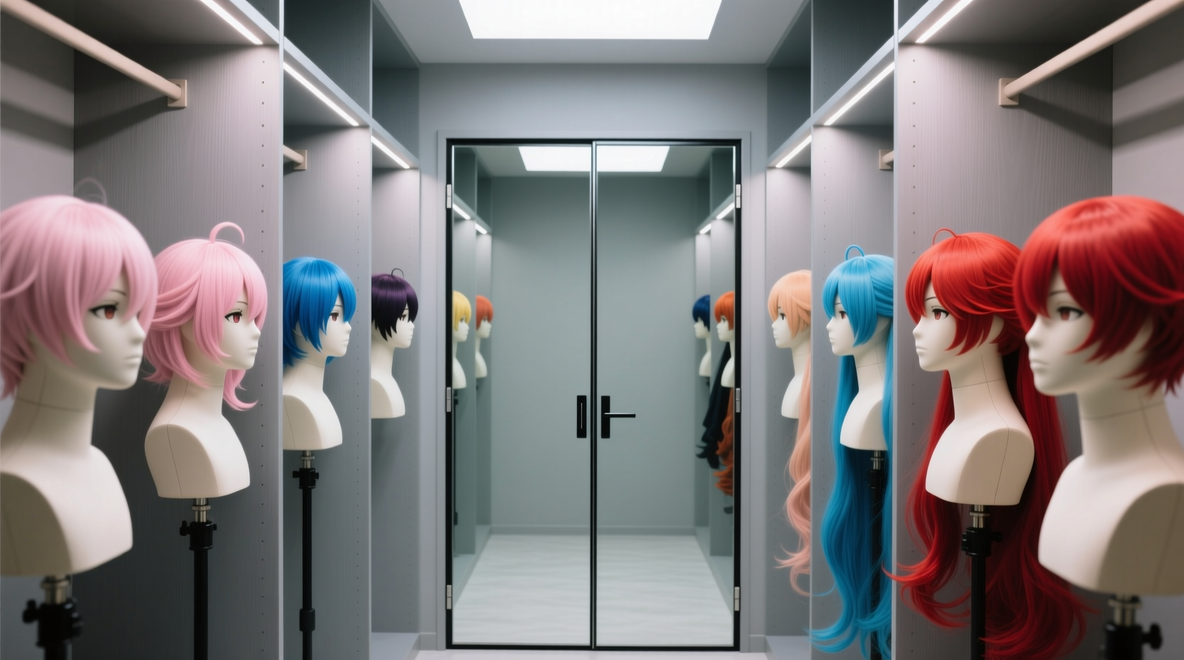 cosplay wig storage on mannequin heads in closet doors