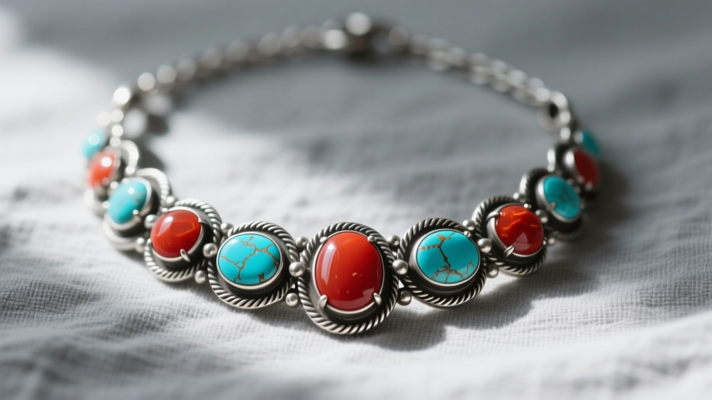 Close-up of a vintage sterling silver necklace with turquoise and red coral cabochons resting on soft grey linen cloth.