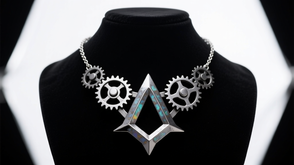 Oxidized silver and titanium pinion necklace alpha chest armor on a matte black velvet bust under dramatic studio lighting