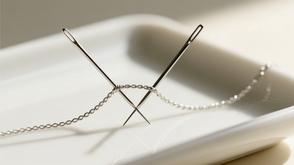 Two fine sewing needles gently untangling a delicate 1mm sterling silver cable chain kink on a flat white ceramic jewelry tray.