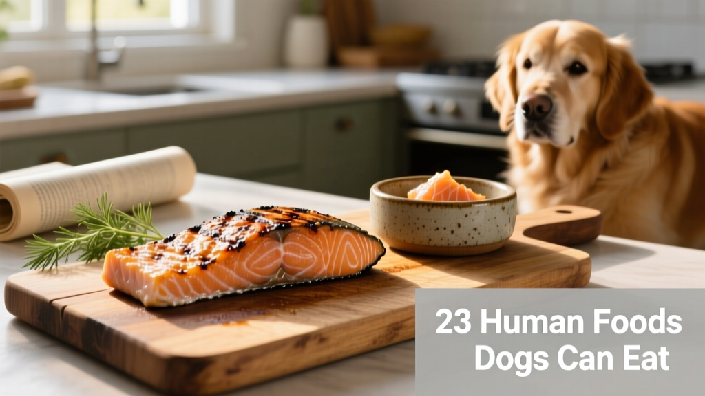 Grilled salmon fillet on a wooden cutting board next to a dog's bowl