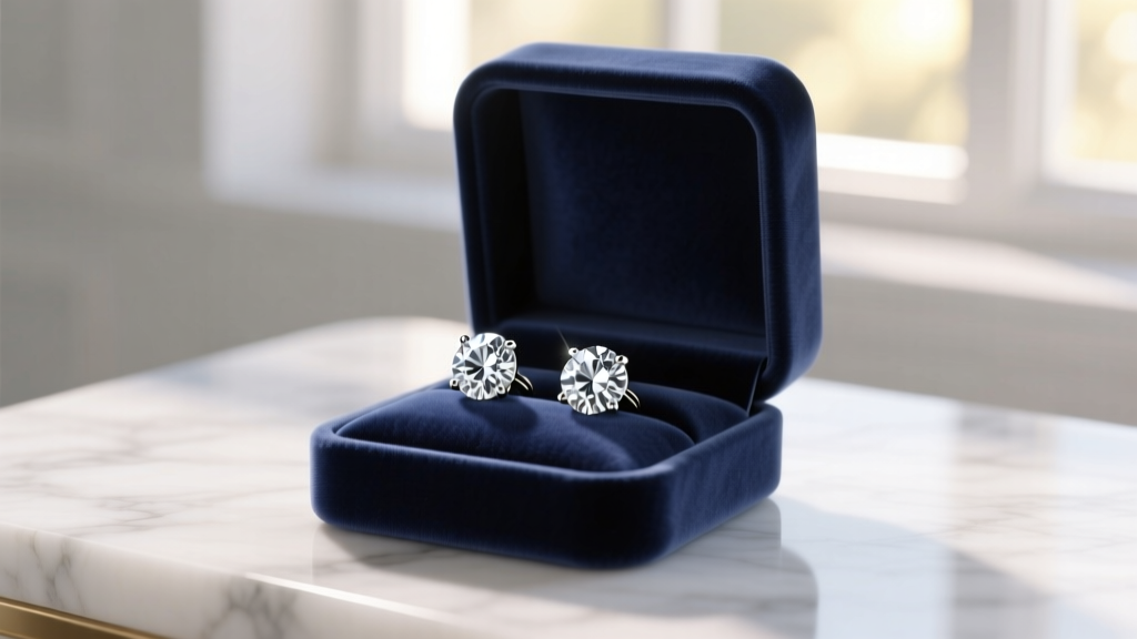 Open navy velvet box on marble displaying two-carat diamond stud earrings in platinum, illuminated by soft morning window light.
