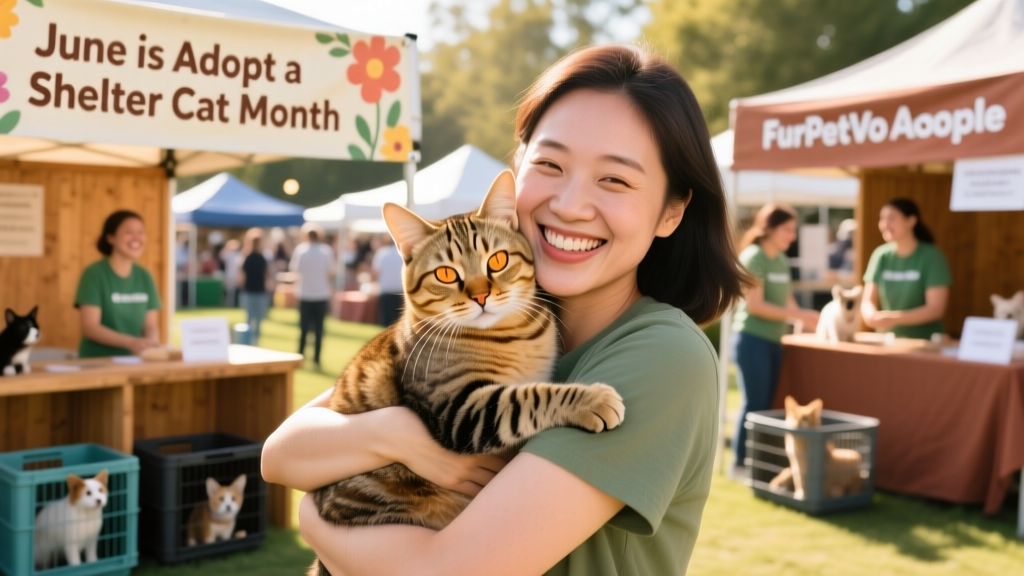 A joyful person holding a gentle, relaxed tabby cat in their arms at a FurPetVo adoption event
