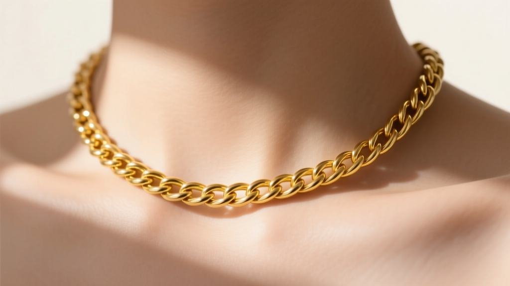 Macro shot of an 18-inch 14k yellow gold rope chain on a collarbone, studio lighting highlighting the metal links.