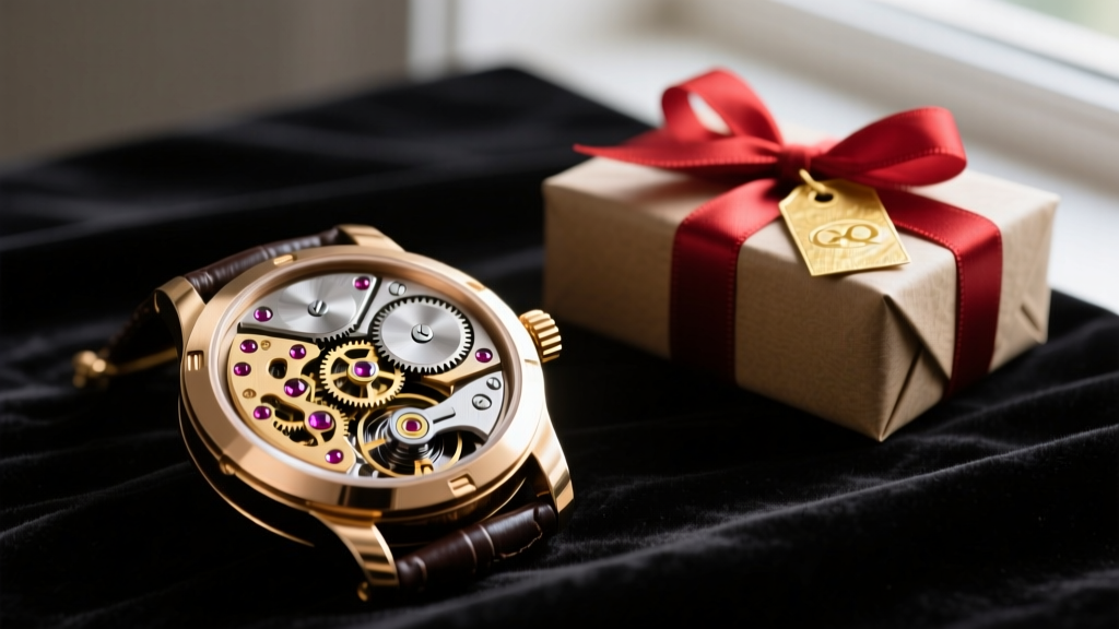 Macro shot of a watch movement showing brass gears and ruby jewels, resting on dark velvet beside a wrapped holiday gift box