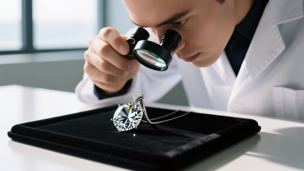 Jeweler using a 10x loupe to inspect the pavilion facets of a lab-grown diamond pendant on a black velvet grading pad