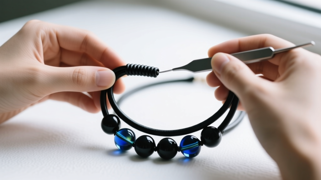 Close-up of hands gently detangling a three-strand black leather and bead necklace using a specialized jewelry detangling tool