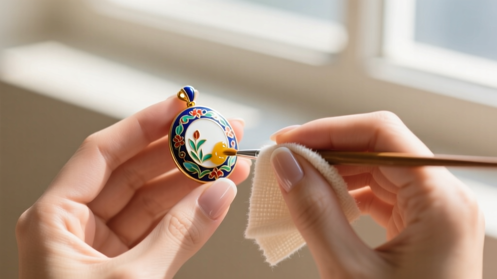 Hands applying microcrystalline conservation wax to a painted Sally enamel pendant using a soft, lint-free microfiber cloth.