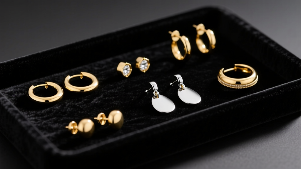 Gold and titanium earrings sorted by piercing type on dark velvet tray, soft studio lighting, luxury gift guide aesthetic