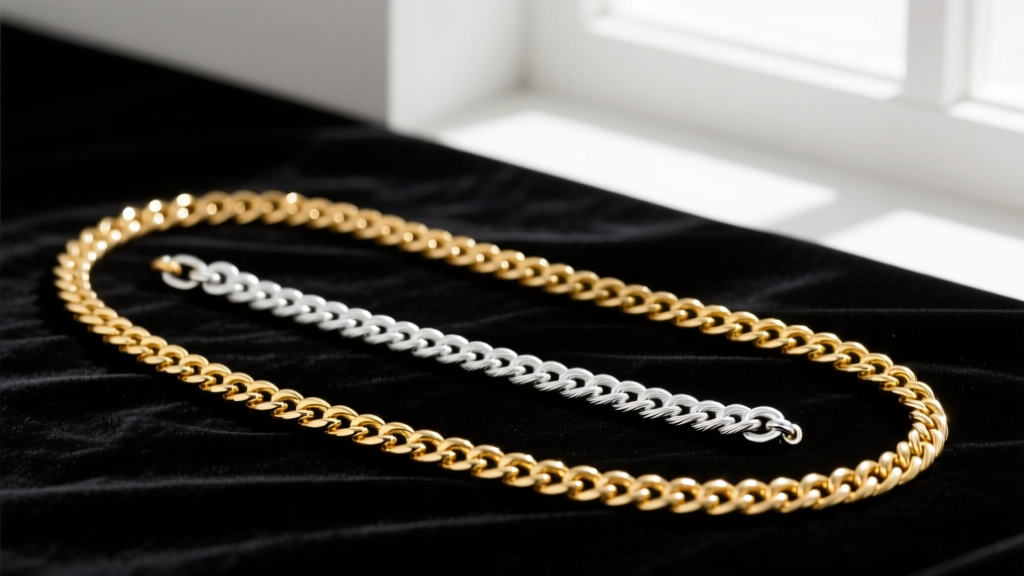Flat lay of an 18-inch gold box chain beside a 16-inch white gold cable chain, showing gauge thickness on dark velvet fabric.