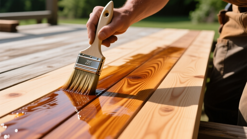 Close-up of a contractor applying semi-transparent oil-based stain to a cedar deck board using a natural bristle brush