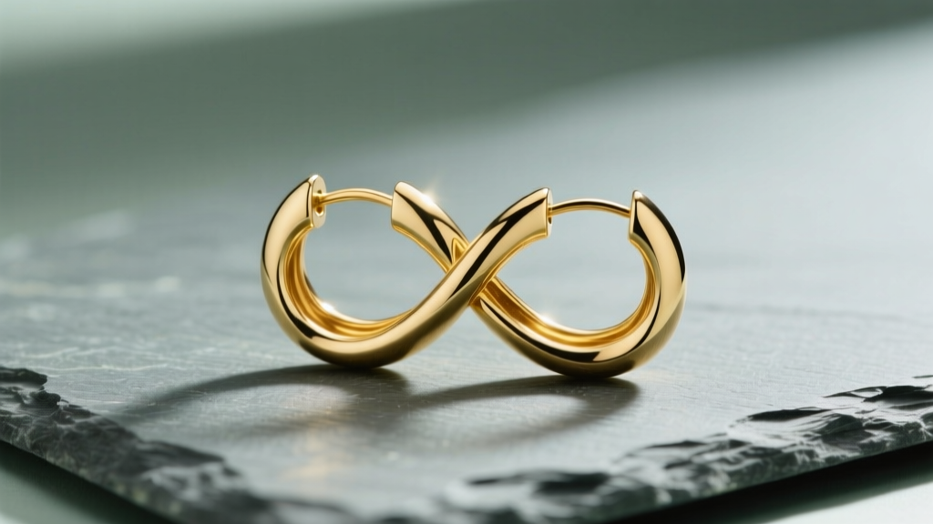 14k yellow gold infinity earrings hoops on slate, highlighting the twisted crossover joint under soft directional studio lighting.
