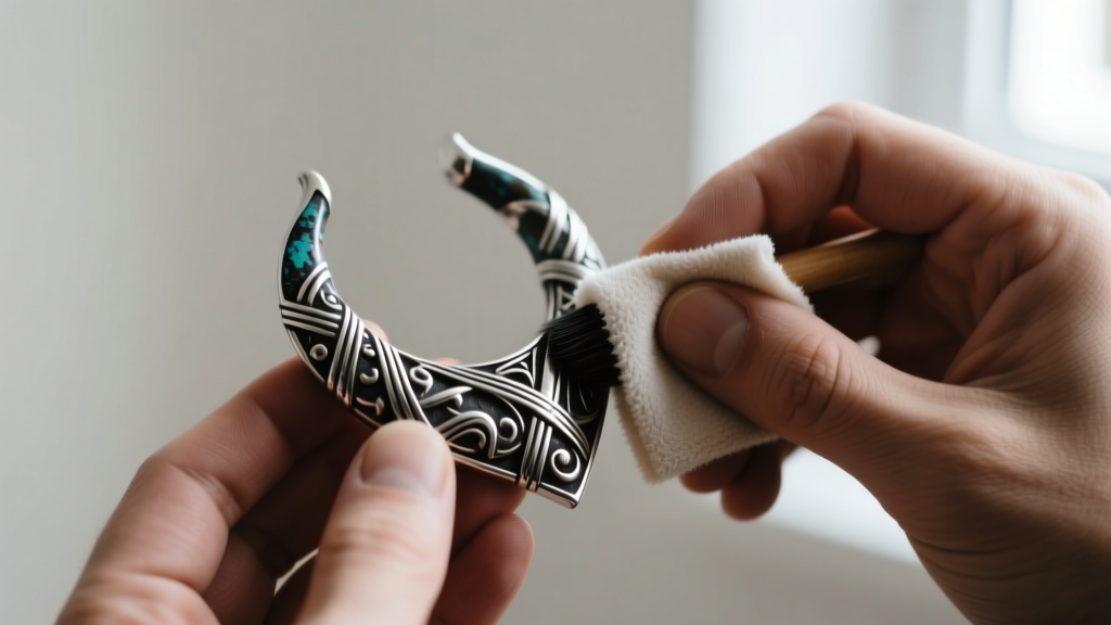Hands using a microfiber polishing cloth to gently buff the oxidized crevices of a detailed sterling silver Viking jewelry piece