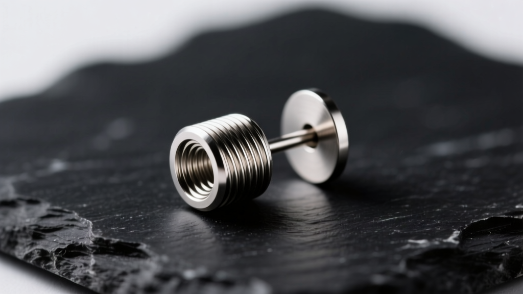 Macro shot of an 18-gauge internally threaded titanium flat back earring post showing clear thread grooves against dark slate.