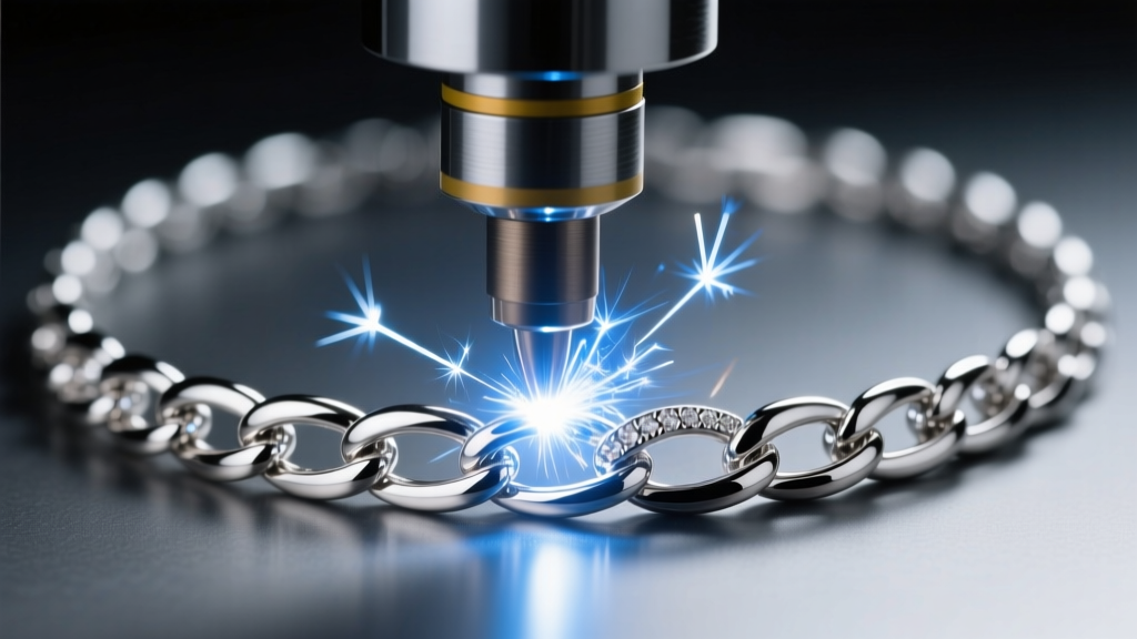 Close-up of a laser welder repairing a platinum link necklace, showing a bright spark at the metal joint under a microscope lens