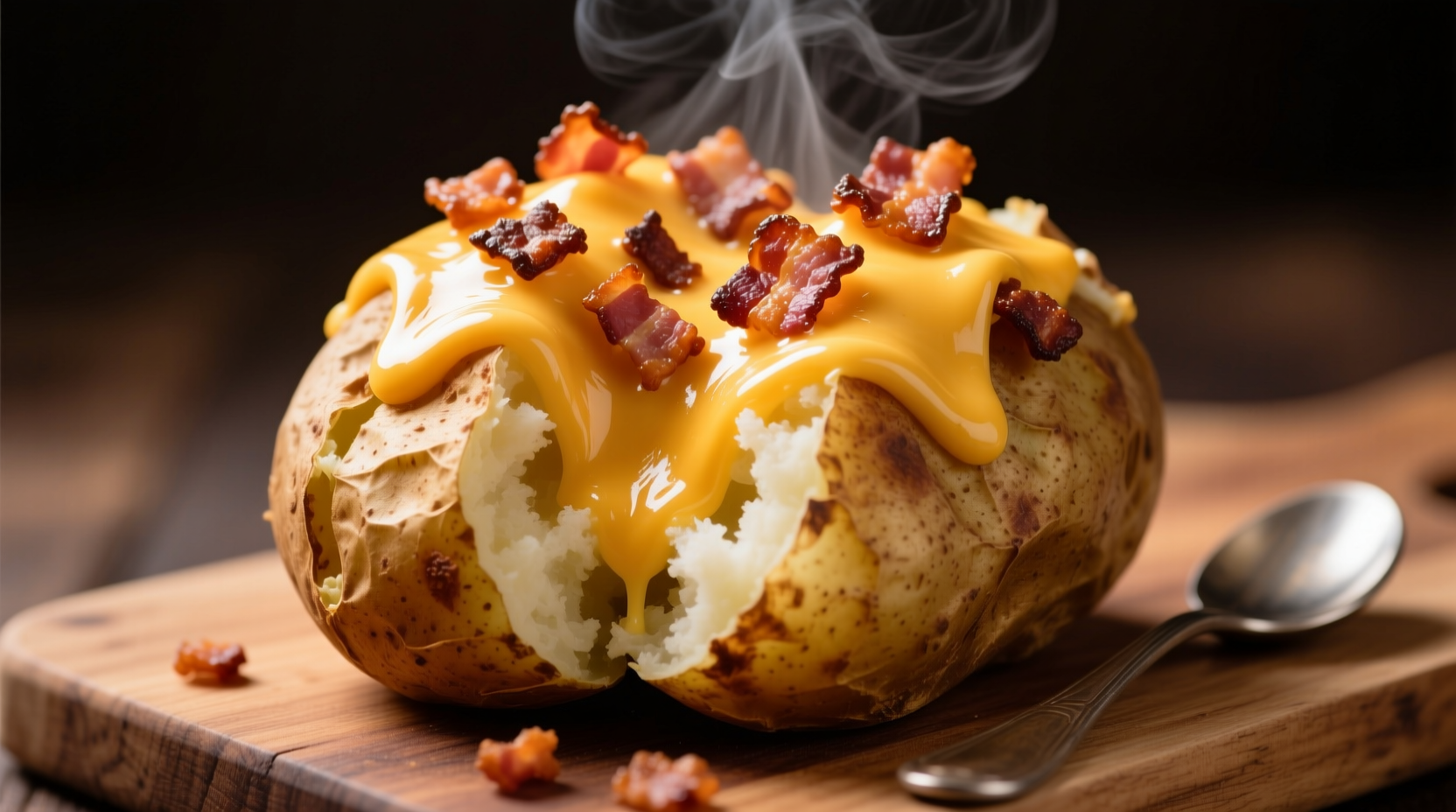 Loaded baked potato with melted cheese and bacon toppings