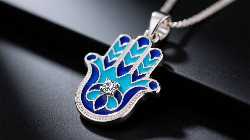 Macro shot of a silver hamsa pendant with intricate blue champleve enamel work and a tiny diamond chip set in the center palm
