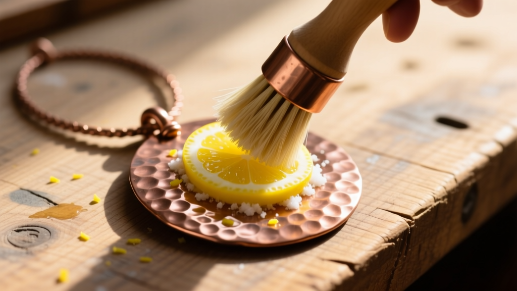Close-up of a raw copper boho pendant being gently scrubbed with a soft brush and lemon-salt paste on a rustic wooden workbench.