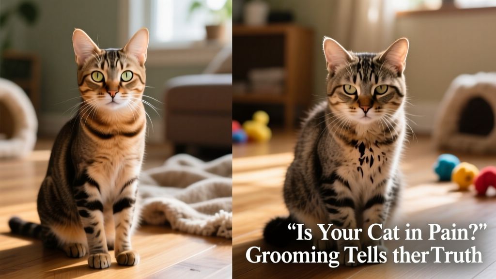 Side-by-side comparison showing a well-groomed cat versus one with a dull, unkempt coat—highlighting how grooming changes reflect health status