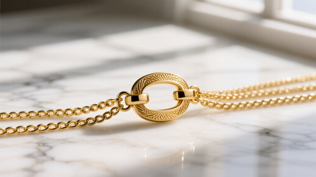 A 14k gold magnetic multi-strand clasp connecting three delicate gold chains, in sharp focus against a blurred marble background.