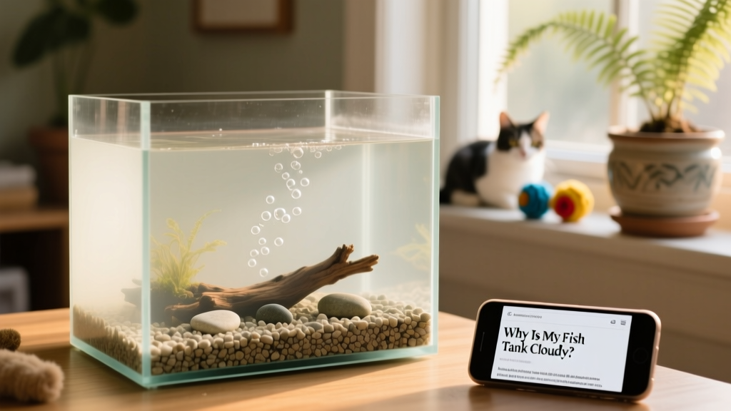 Newly set up freshwater aquarium with hazy, milky-white water and visible gravel substrate