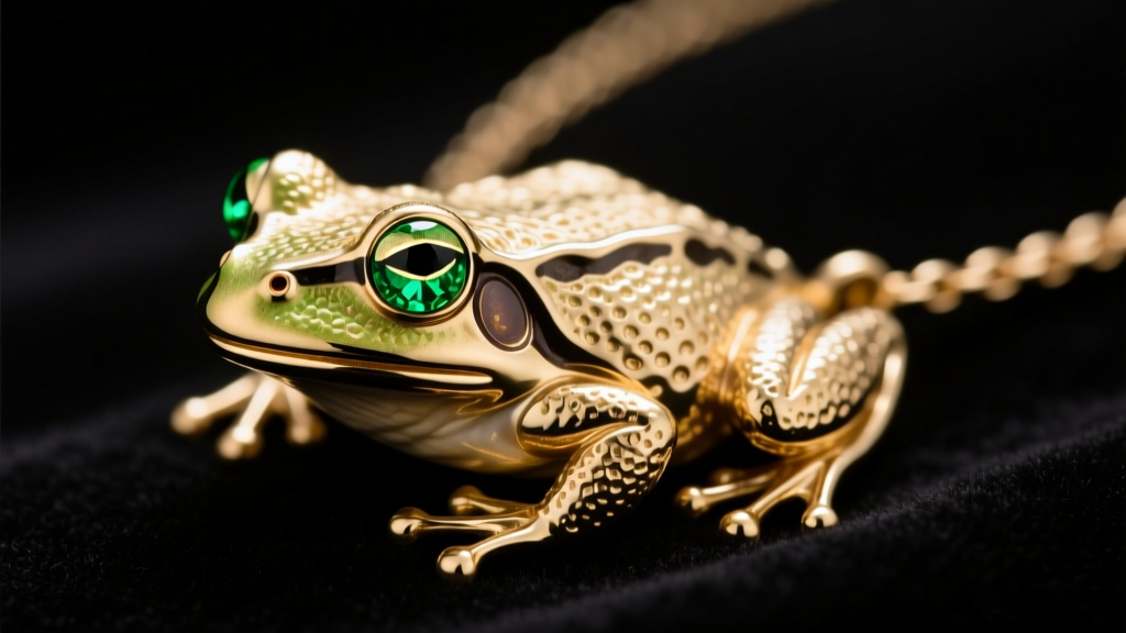 Macro shot of a 14k gold frog necklace on dark velvet, showing textured skin and emerald cabochon eyes under soft studio lighting