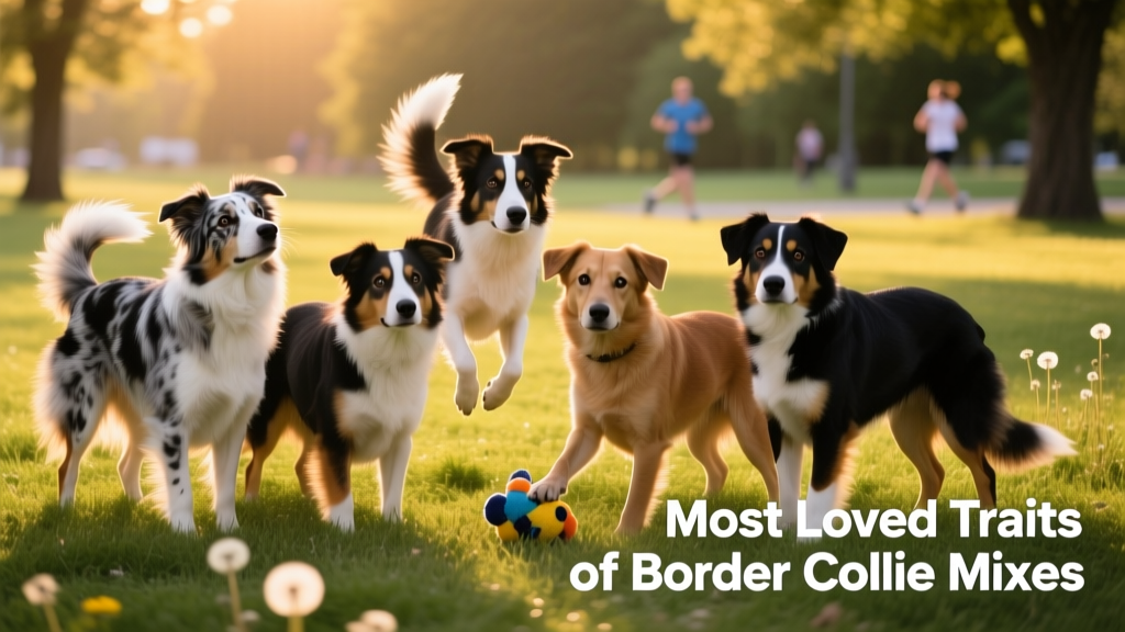 A diverse group of healthy Border Collie mixes posing together in a grassy park
