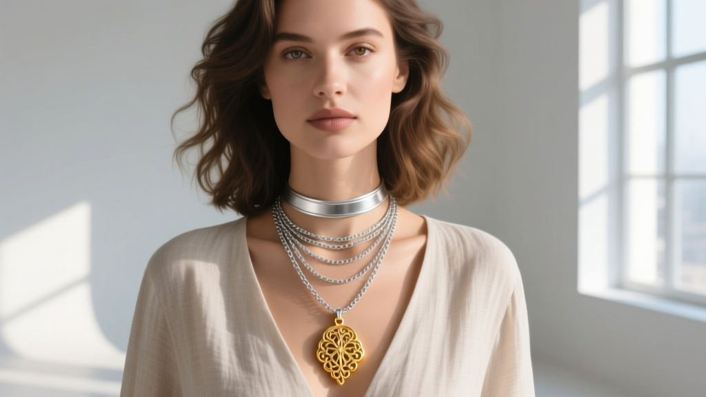 Woman wearing layered necklaces, using a 4-inch sterling silver extender to drop a gold pendant lower than her silver choker